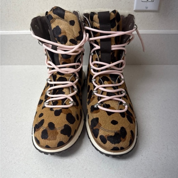 Cole Haan Leopard Print Combat Boots with Pink Laces - Picture 2 of 7